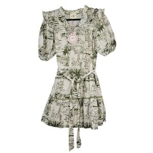Umgee Olive Green Toile de Jouy Ruffle Puff Sleeve Mini Dress Women's Medium